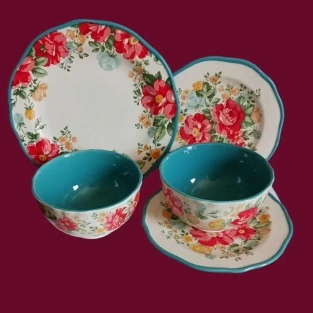 The pioneer woman vtg floral 5 pcs dinner plate set wht/pink/ turquoise colors - Picture 1 of 9